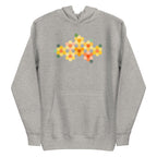 Yellow GeoFlora hexagon flowers in golden yellow, orange, coral and sage on a pullover hoodie in athletic grey, front view – Kate Spain design for Pat Sloan