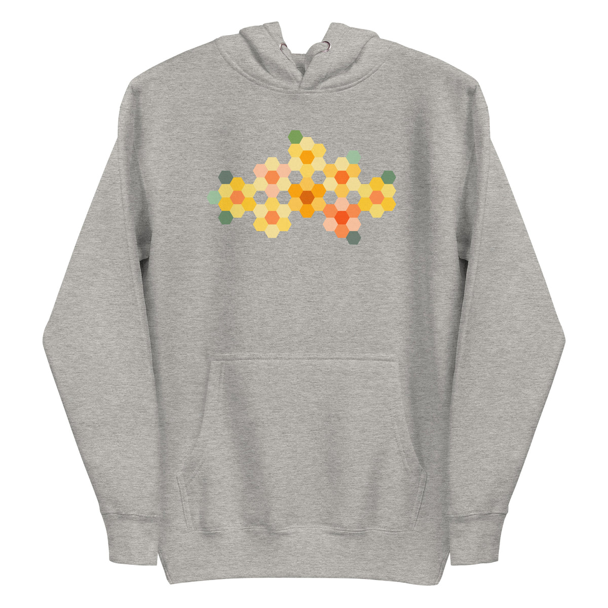 Yellow GeoFlora hexagon flowers in golden yellow, orange, coral and sage on a pullover hoodie in athletic grey, front view – Kate Spain design for Pat Sloan