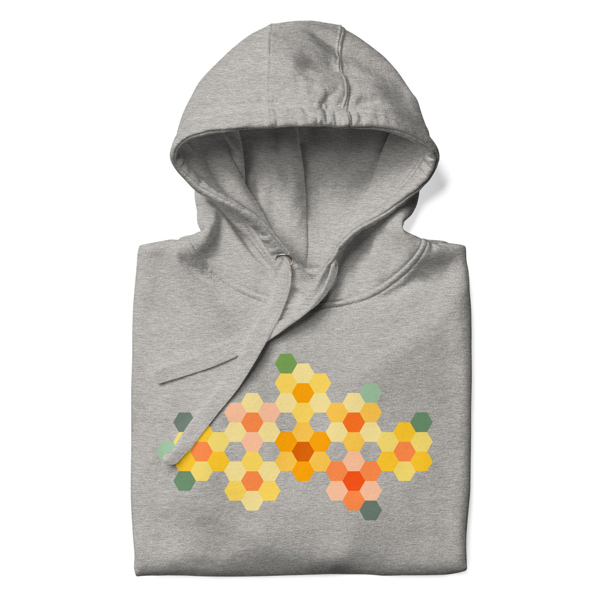 Yellow GeoFlora hexagon flowers in golden yellow, orange, coral and sage on a pullover hoodie in athletic grey, folded close-up of the design – Kate Spain design for Pat Sloan