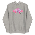 Pink GeoFlora hexagon flowers in pinks, mauves and sage on a pullover hoodie in athletic grey, front view – Kate Spain design for Pat Sloan