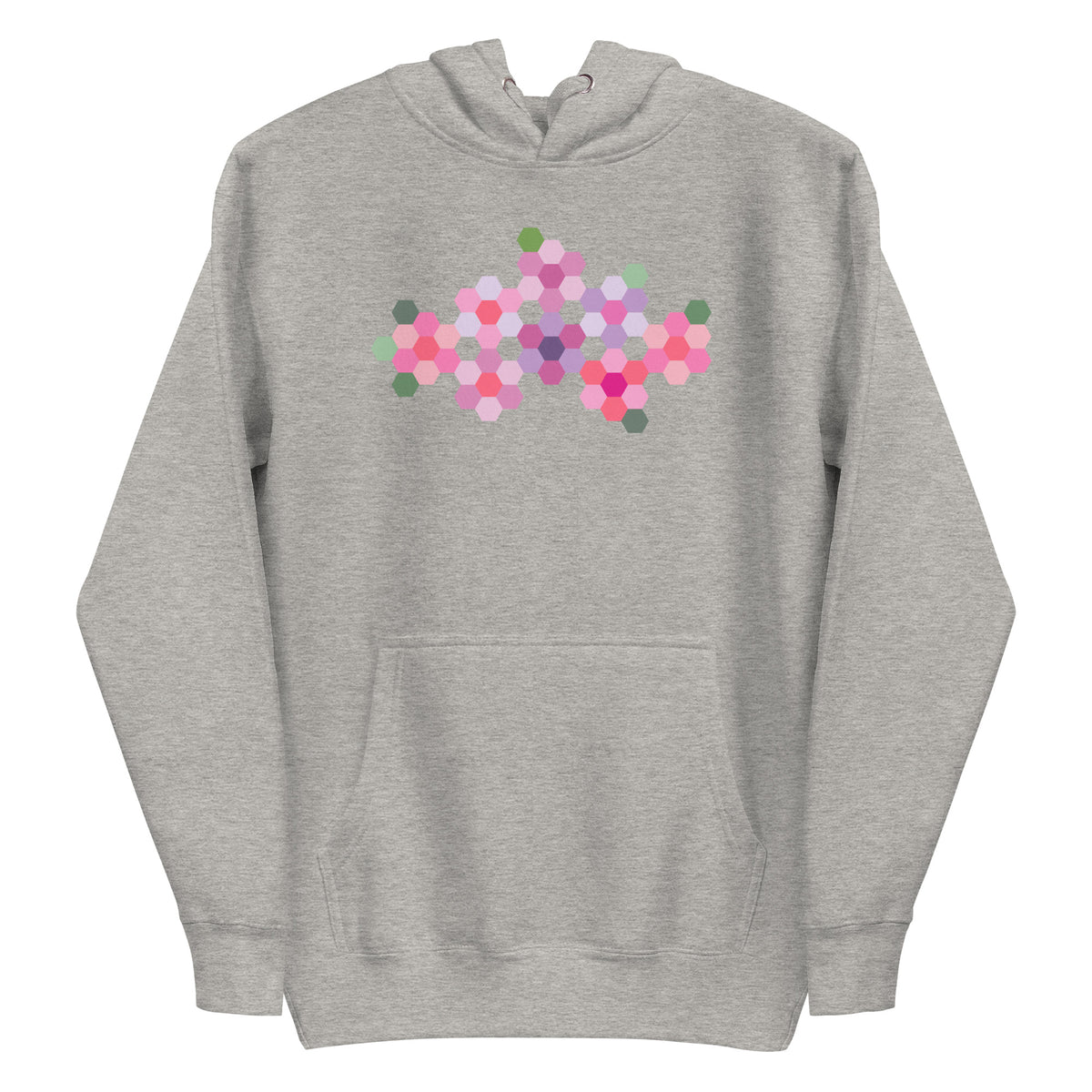Pink GeoFlora hexagon flowers in pinks, mauves and sage on a pullover hoodie in athletic grey, front view – Kate Spain design for Pat Sloan