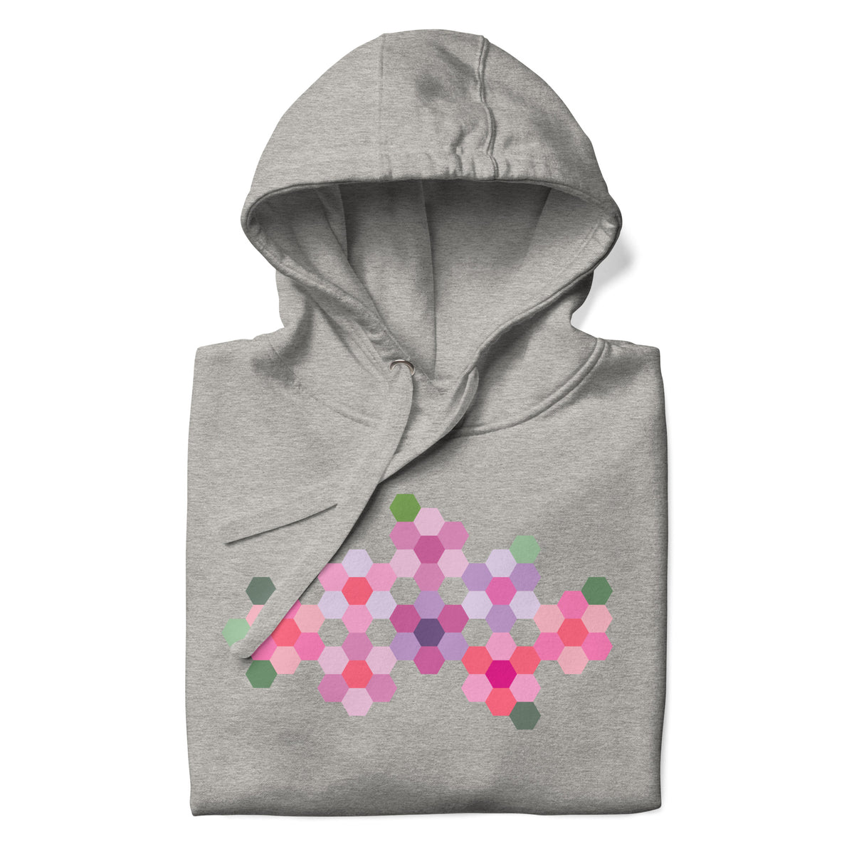 Pink GeoFlora hexagon flowers in pinks, mauves and sage on a pullover hoodie in athletic grey, folded close-up of the design – Kate Spain design for Pat Sloan