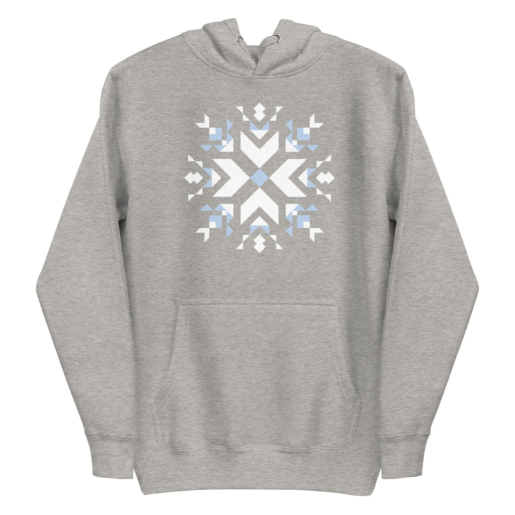 Let It Snow snowflake quilt block on a pullover hoodie in athletic grey, front view – Kate Spain design for Pat Sloan