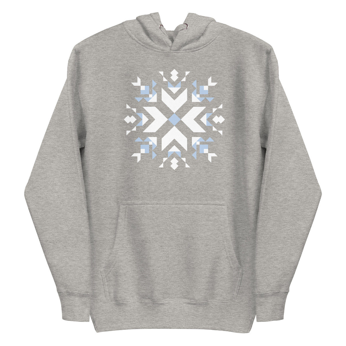 Let It Snow snowflake quilt block on a pullover hoodie in athletic grey, front view – Kate Spain design for Pat Sloan
