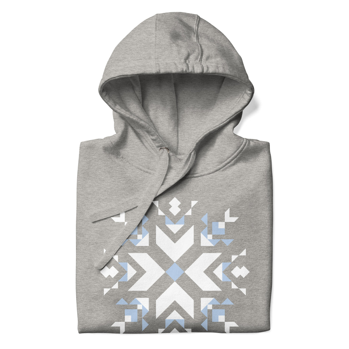Let It Snow snowflake quilt block on a pullover hoodie in athletic grey, folded close-up of the design – Kate Spain design for Pat Sloan