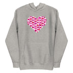 Big Patchwork Love heart pieced from pink half-square triangles on a pullover hoodie in athletic grey, front view – Kate Spain design for Pat Sloan