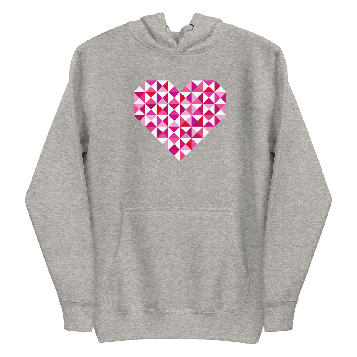 Big Patchwork Love heart pieced from pink half-square triangles on a pullover hoodie in athletic grey, front view – Kate Spain design for Pat Sloan