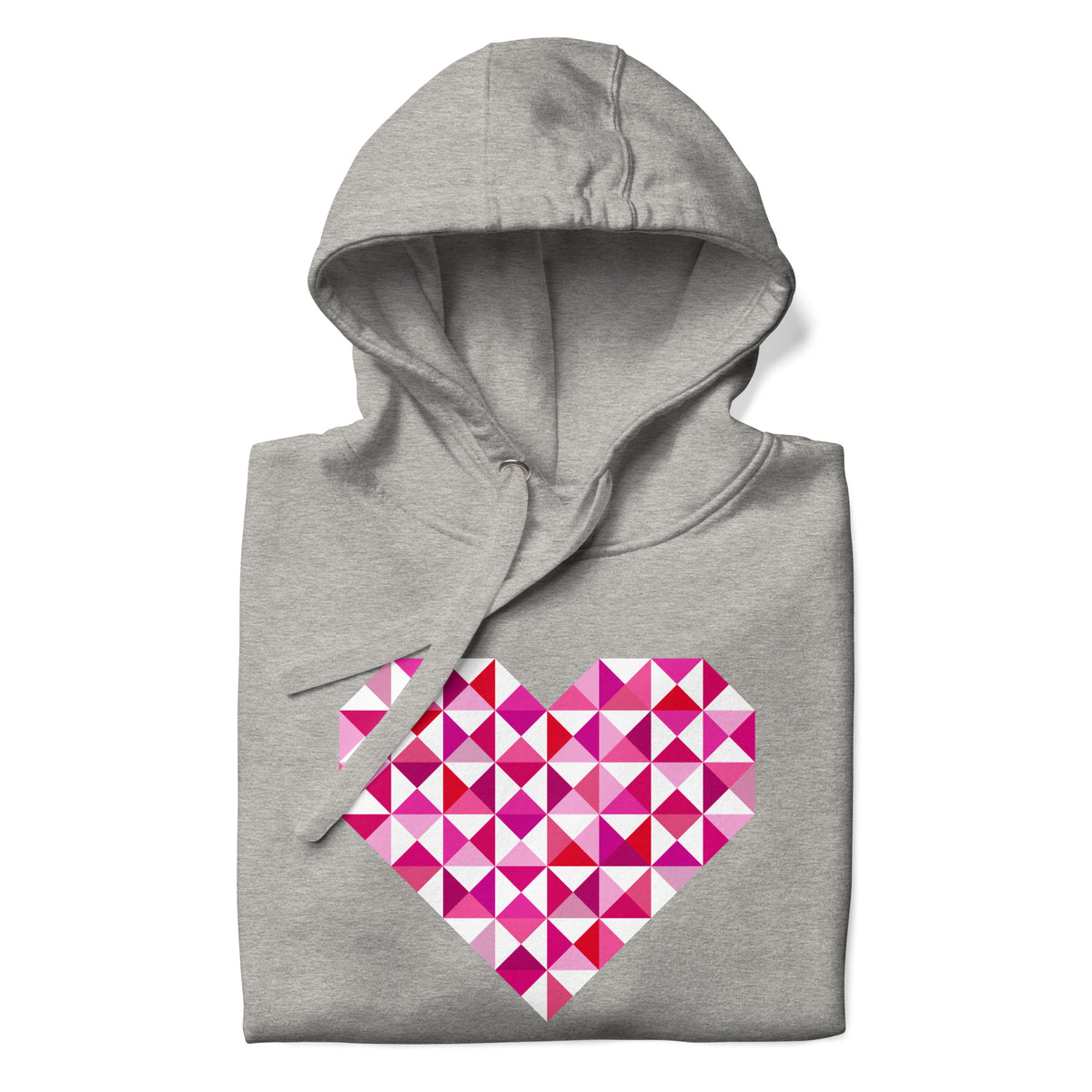 Big Patchwork Love heart pieced from pink half-square triangles on a pullover hoodie in athletic grey, folded close-up of the design – Kate Spain design for Pat Sloan