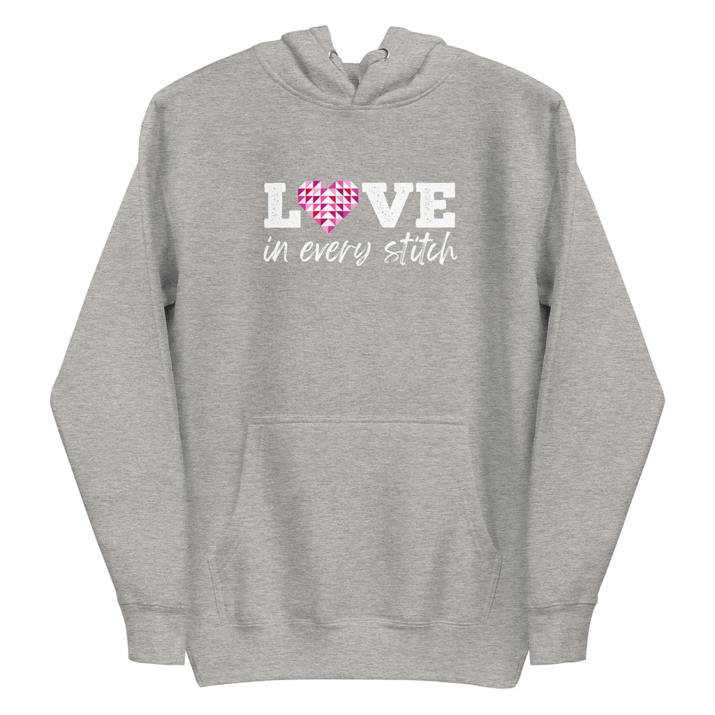 Love in Every Stitch distressed lettering on a pullover hoodie in athletic grey, front view – Kate Spain design for Pat Sloan
