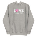 Love in Every Stitch distressed lettering on a pullover hoodie in athletic grey, front view – Kate Spain design for Pat Sloan