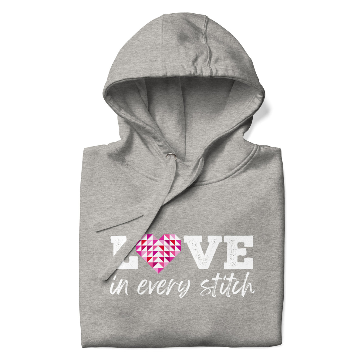 Love in Every Stitch distressed lettering on a pullover hoodie in athletic grey, folded close-up of the design – Kate Spain design for Pat Sloan