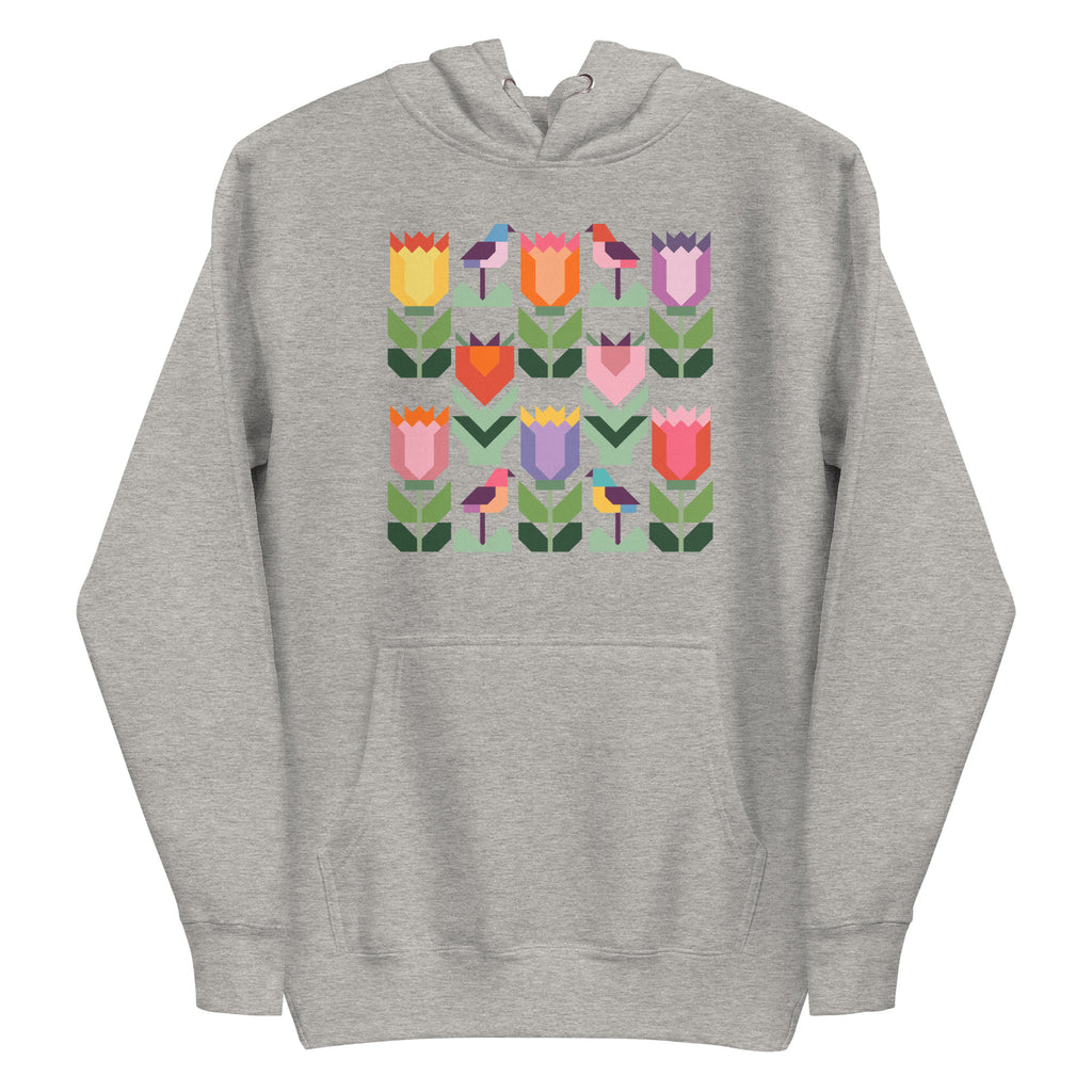 Birds + Blooms patchwork tulips and birds on a pullover hoodie in athletic grey, front view – Kate Spain design for Pat Sloan