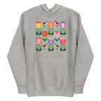Birds + Blooms patchwork tulips and birds on a pullover hoodie in athletic grey, front view – Kate Spain design for Pat Sloan