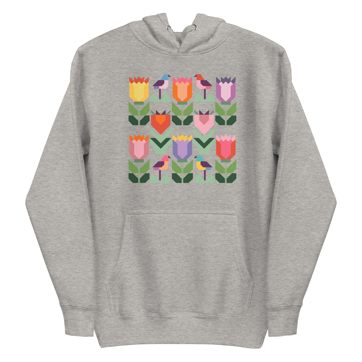 Birds + Blooms patchwork tulips and birds on a pullover hoodie in athletic grey, front view – Kate Spain design for Pat Sloan