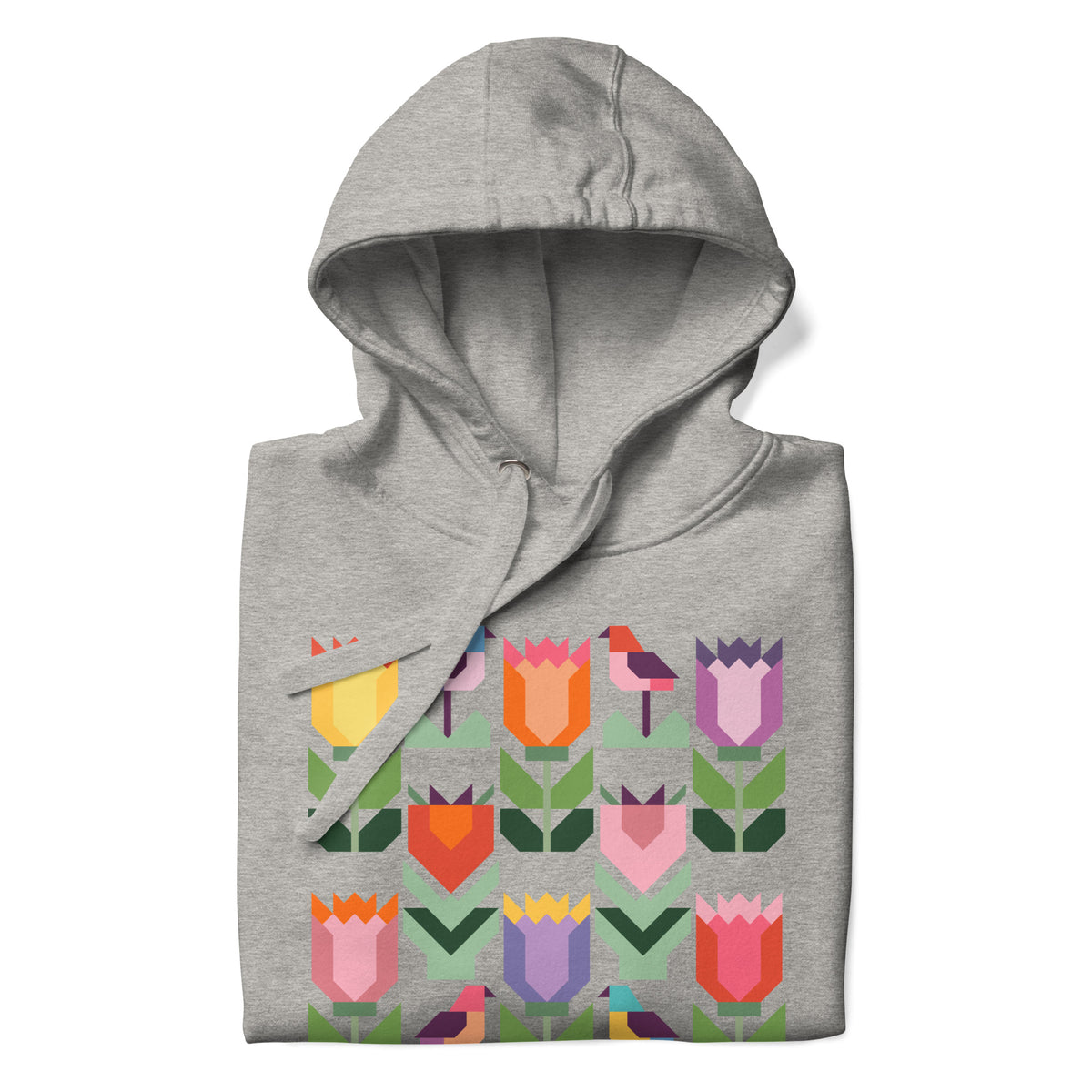 Birds + Blooms patchwork tulips and birds on a pullover hoodie in athletic grey, folded close-up of the design – Kate Spain design for Pat Sloan