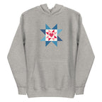 Liberty Love star quilt block with a heart in red, white and blue on a pullover hoodie in athletic grey, front view – Kate Spain design for Pat Sloan