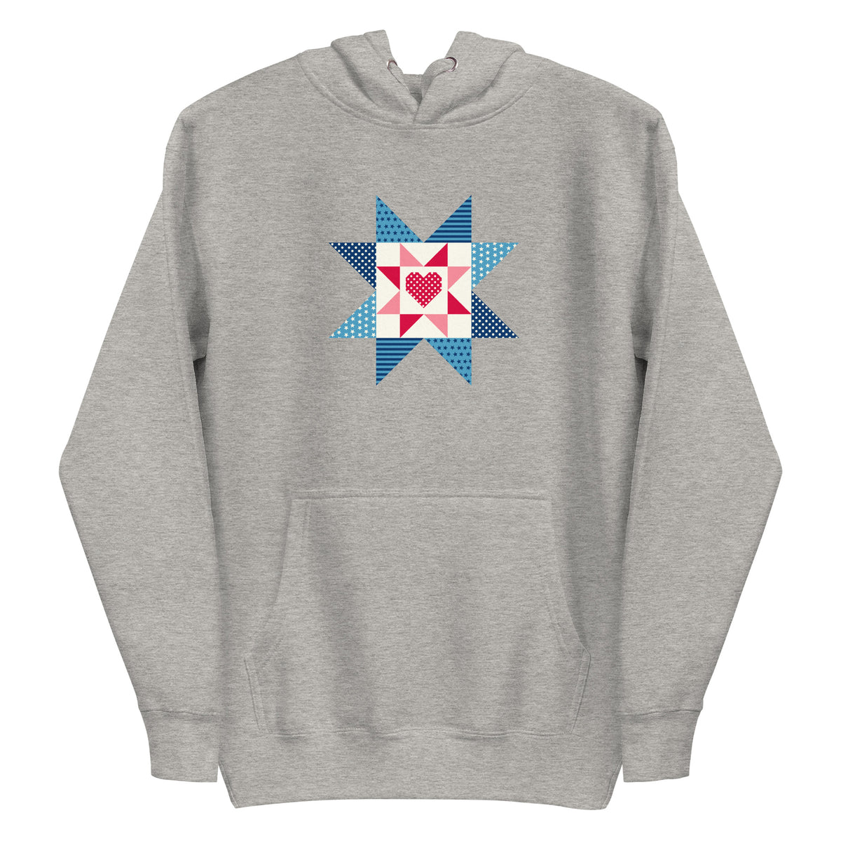 Liberty Love star quilt block with a heart in red, white and blue on a pullover hoodie in athletic grey, front view – Kate Spain design for Pat Sloan