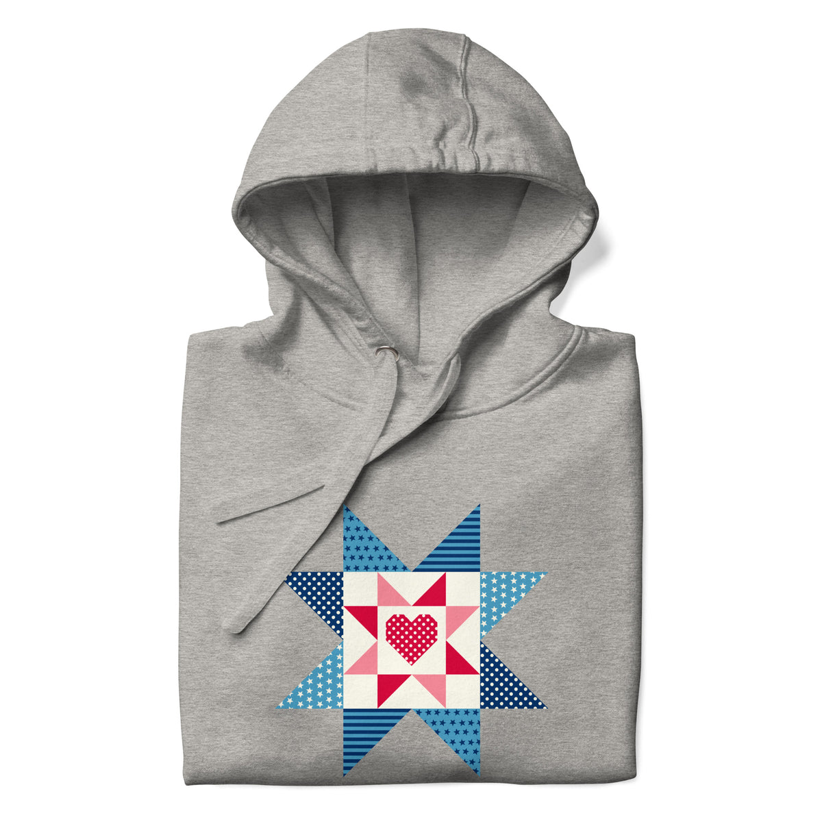 Liberty Love star quilt block with a heart in red, white and blue on a pullover hoodie in athletic grey, folded close-up of the design – Kate Spain design for Pat Sloan