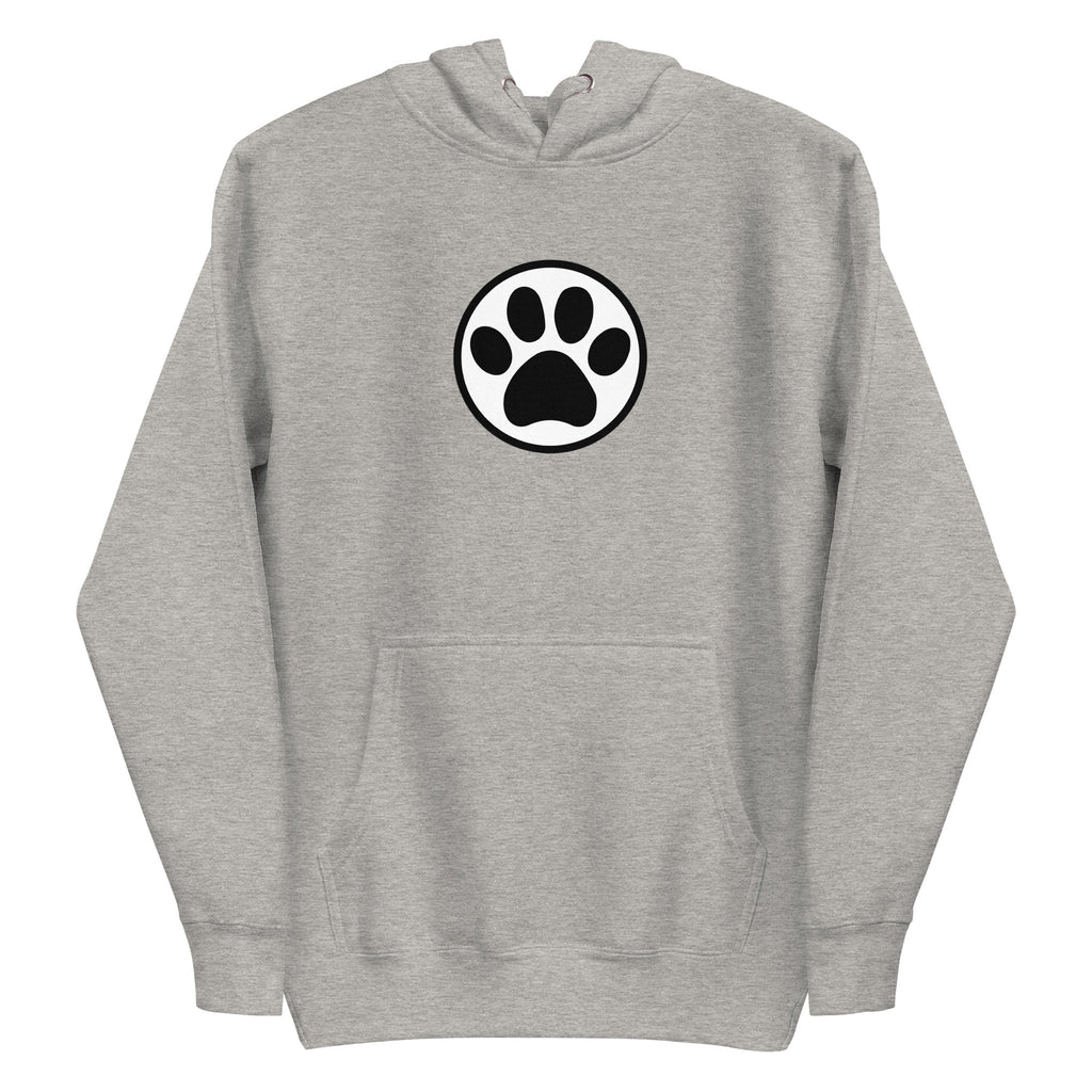Law of the Paw® cat paw print on a pullover hoodie in athletic grey, front view – Kate Spain design