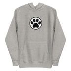 Law of the Paw® cat paw print on a pullover hoodie in athletic grey, front view – Kate Spain design