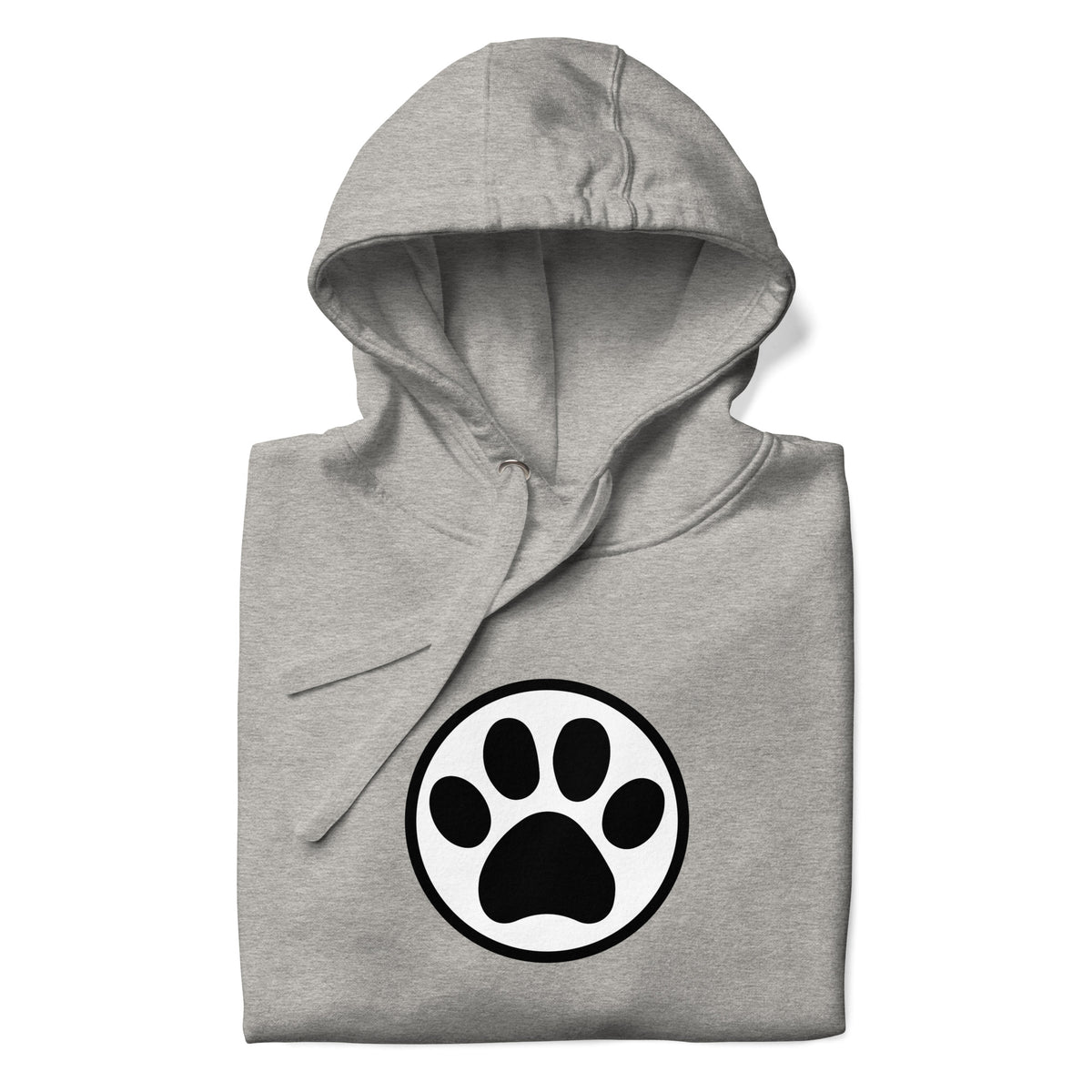 Law of the Paw® cat paw print on a pullover hoodie in athletic grey, folded close-up of the design – Kate Spain design