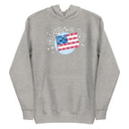 patchwork American flag in quilt fabrics on a pullover hoodie in athletic grey, front view – Kate Spain design for Pat Sloan