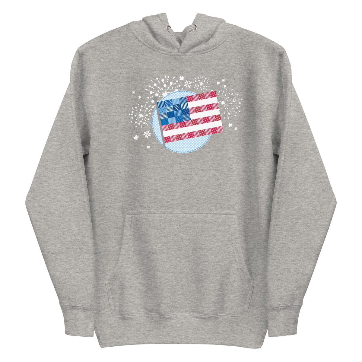 patchwork American flag in quilt fabrics on a pullover hoodie in athletic grey, front view – Kate Spain design for Pat Sloan