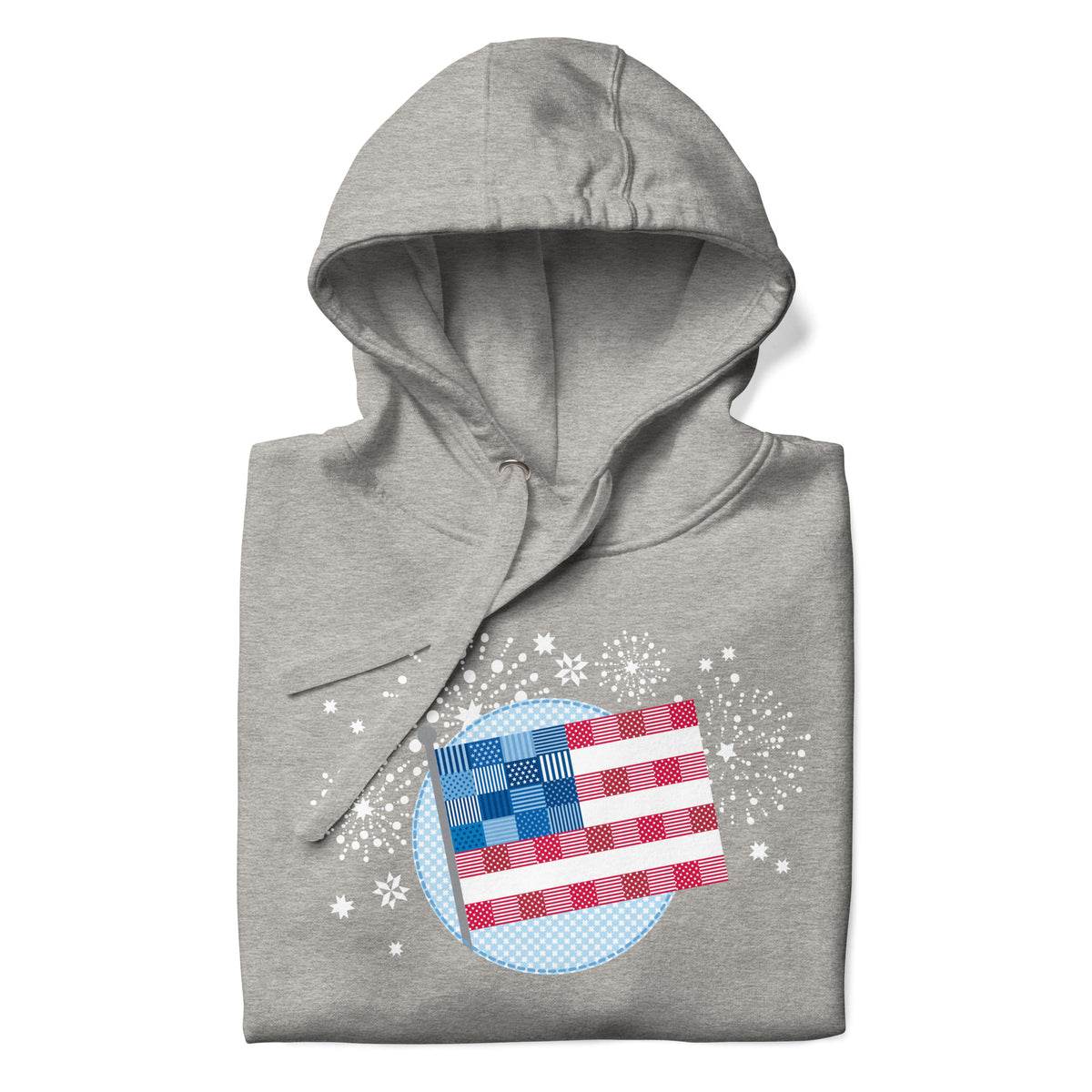 patchwork American flag in quilt fabrics on a pullover hoodie in athletic grey, folded close-up of the design – Kate Spain design for Pat Sloan