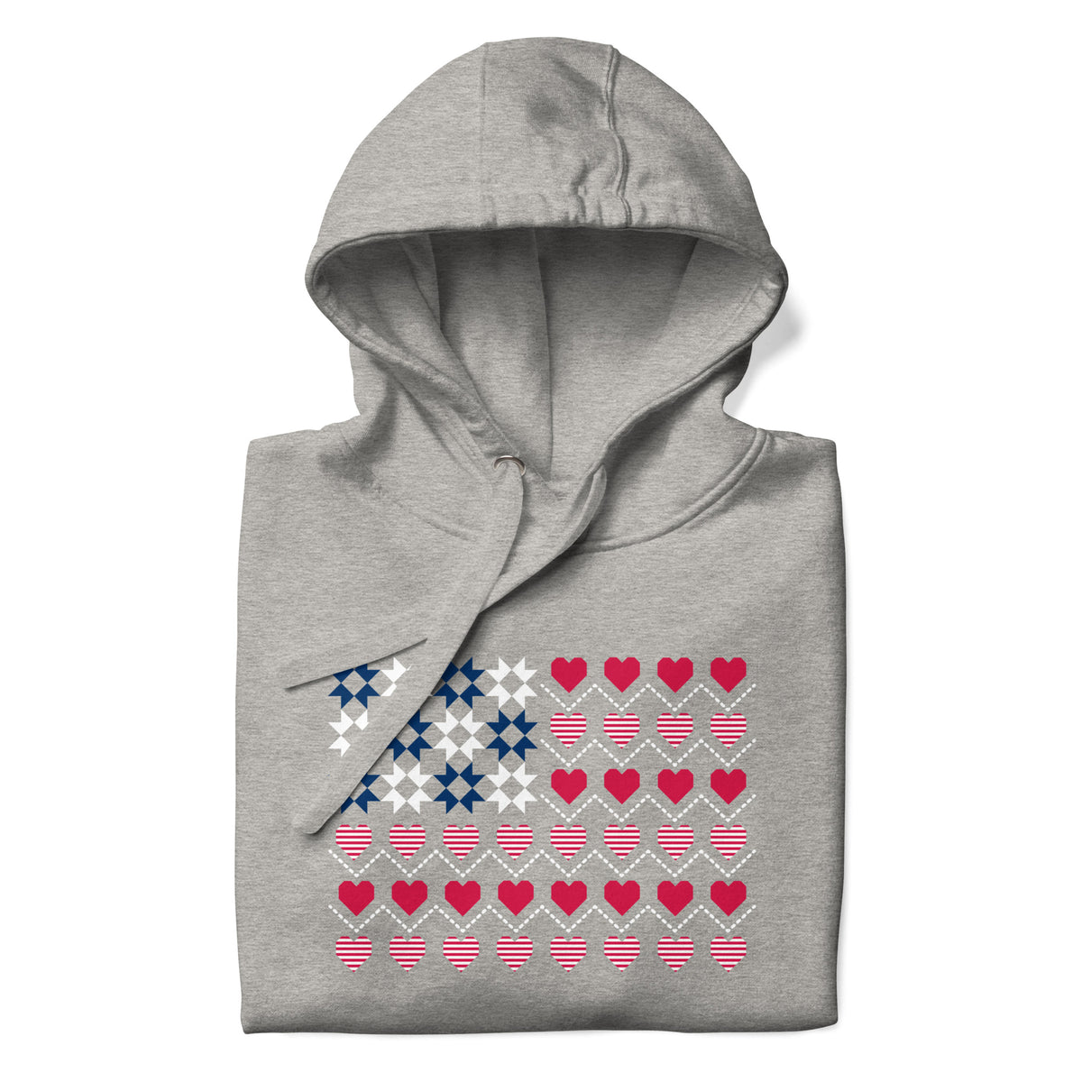 United We Quilt patchwork flag with quilt-block stars and heart stripes on a pullover hoodie in athletic grey, folded close-up of the design – Kate Spain design for Pat Sloan