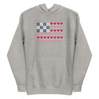 United We Quilt patchwork flag with quilt-block stars and heart stripes on a pullover hoodie in athletic grey, front view – Kate Spain design for Pat Sloan
