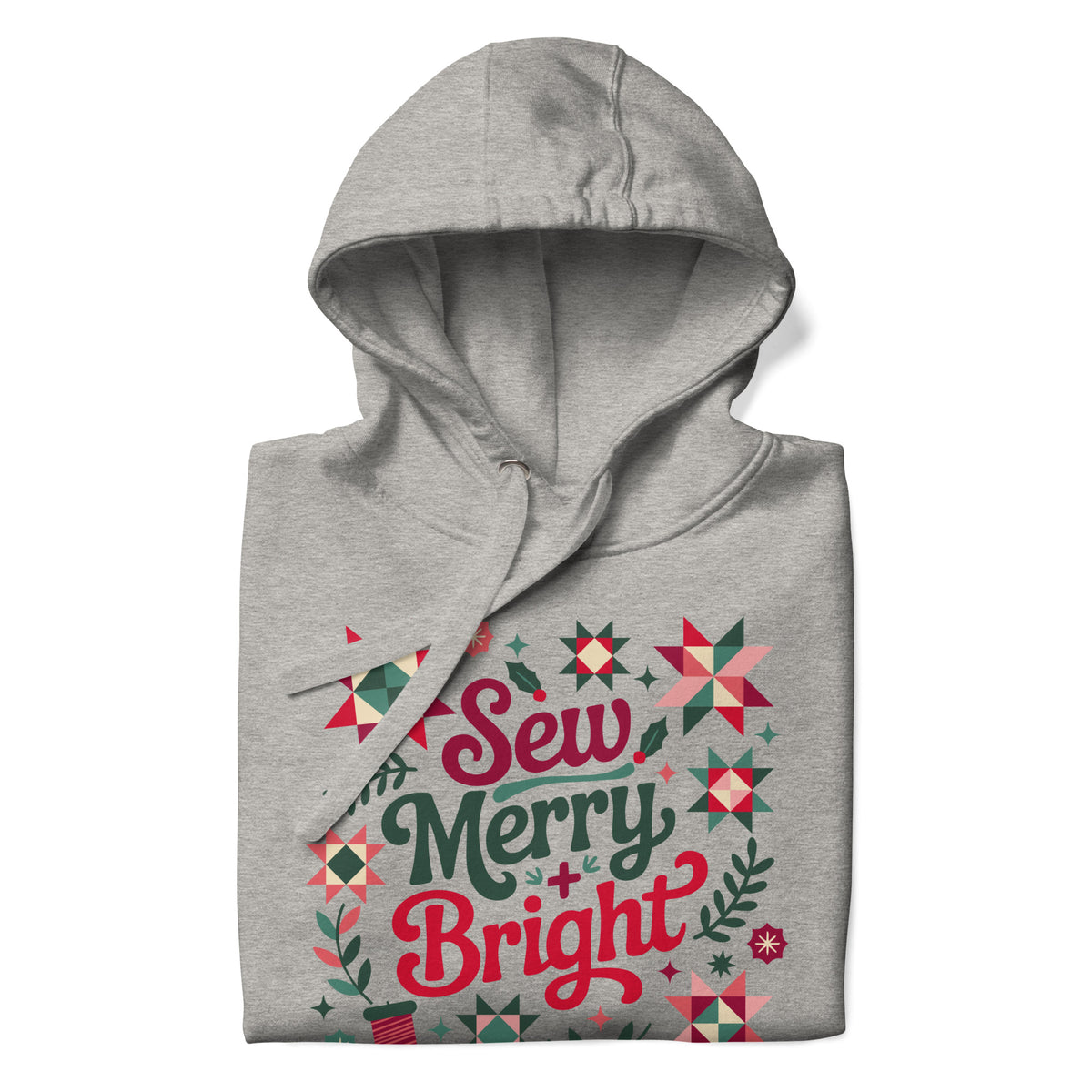 Sew Merry + Bright lettering with quilt-block stars, holly and a thread spool on a pullover hoodie in athletic grey, folded close-up of the design – Kate Spain design for Pat Sloan