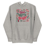 Sew Merry + Bright lettering with quilt-block stars, holly and a thread spool on a pullover hoodie in athletic grey, front view – Kate Spain design for Pat Sloan