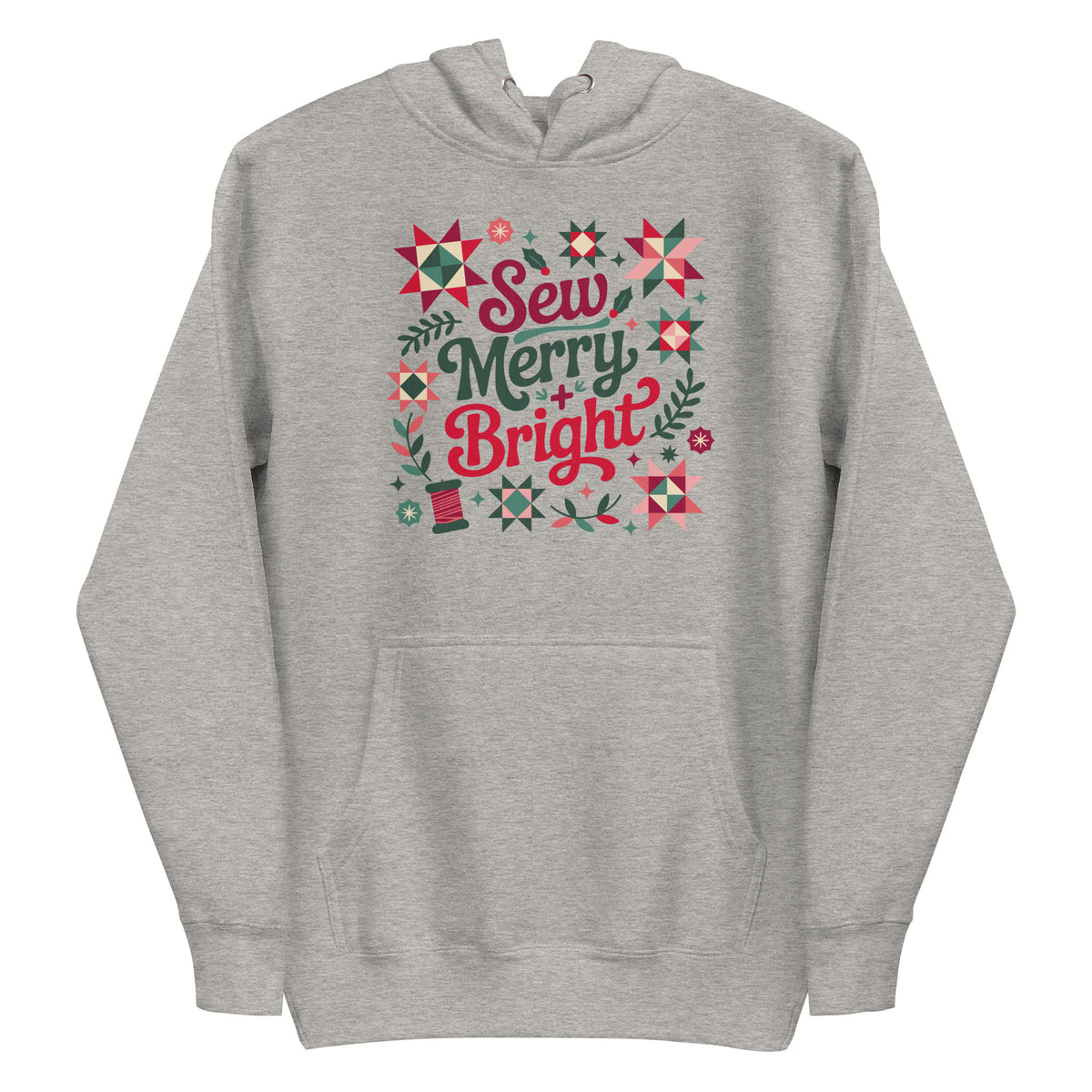 Sew Merry + Bright lettering with quilt-block stars, holly and a thread spool on a pullover hoodie in athletic grey, front view – Kate Spain design for Pat Sloan