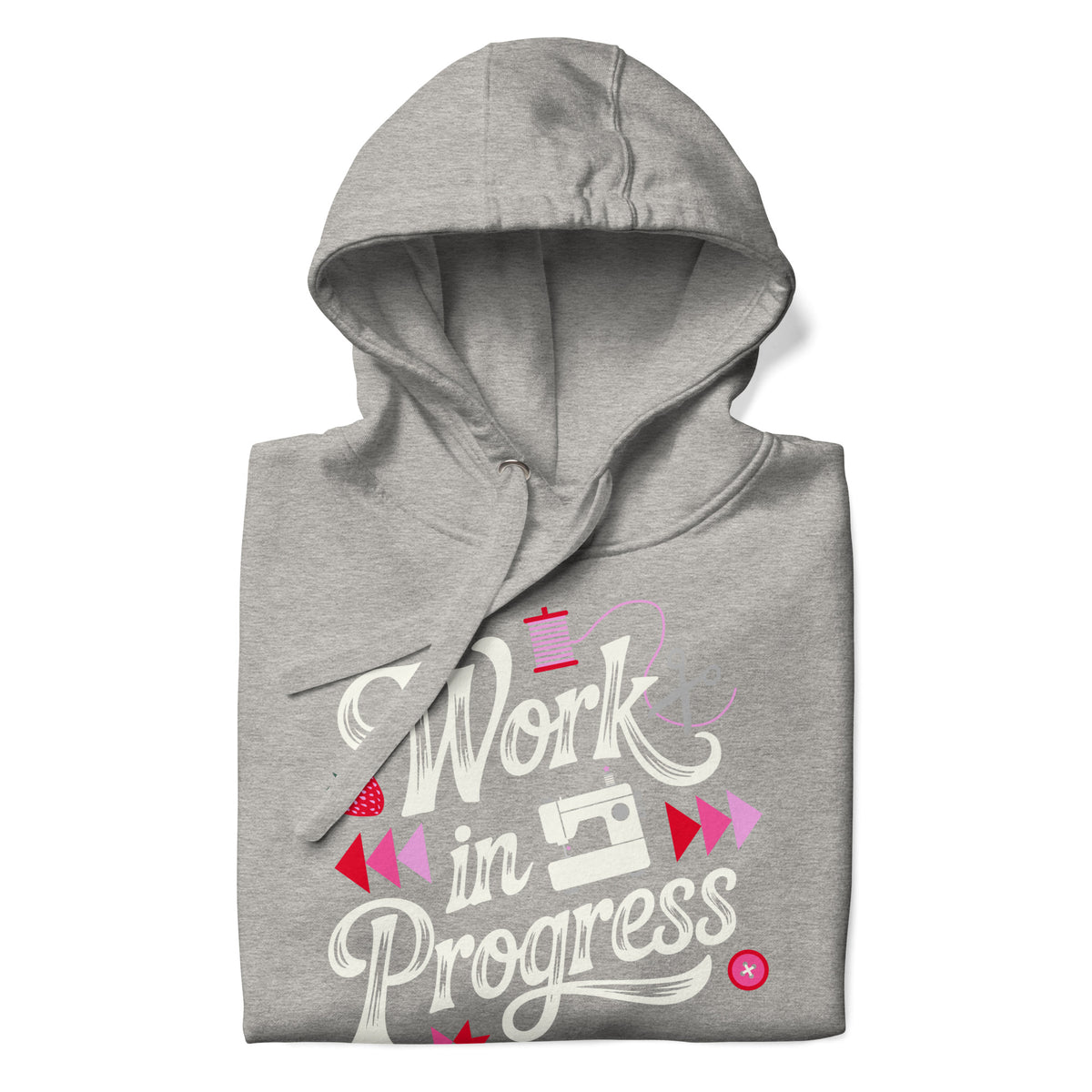 Work in Progress sewing design with flying geese, sewing machine, strawberry and thread spool on a pullover hoodie in athletic grey, folded close-up of the design – Kate Spain design for Pat Sloan
