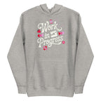 Work in Progress sewing design with flying geese, sewing machine, strawberry and thread spool on a pullover hoodie in athletic grey, front view – Kate Spain design for Pat Sloan