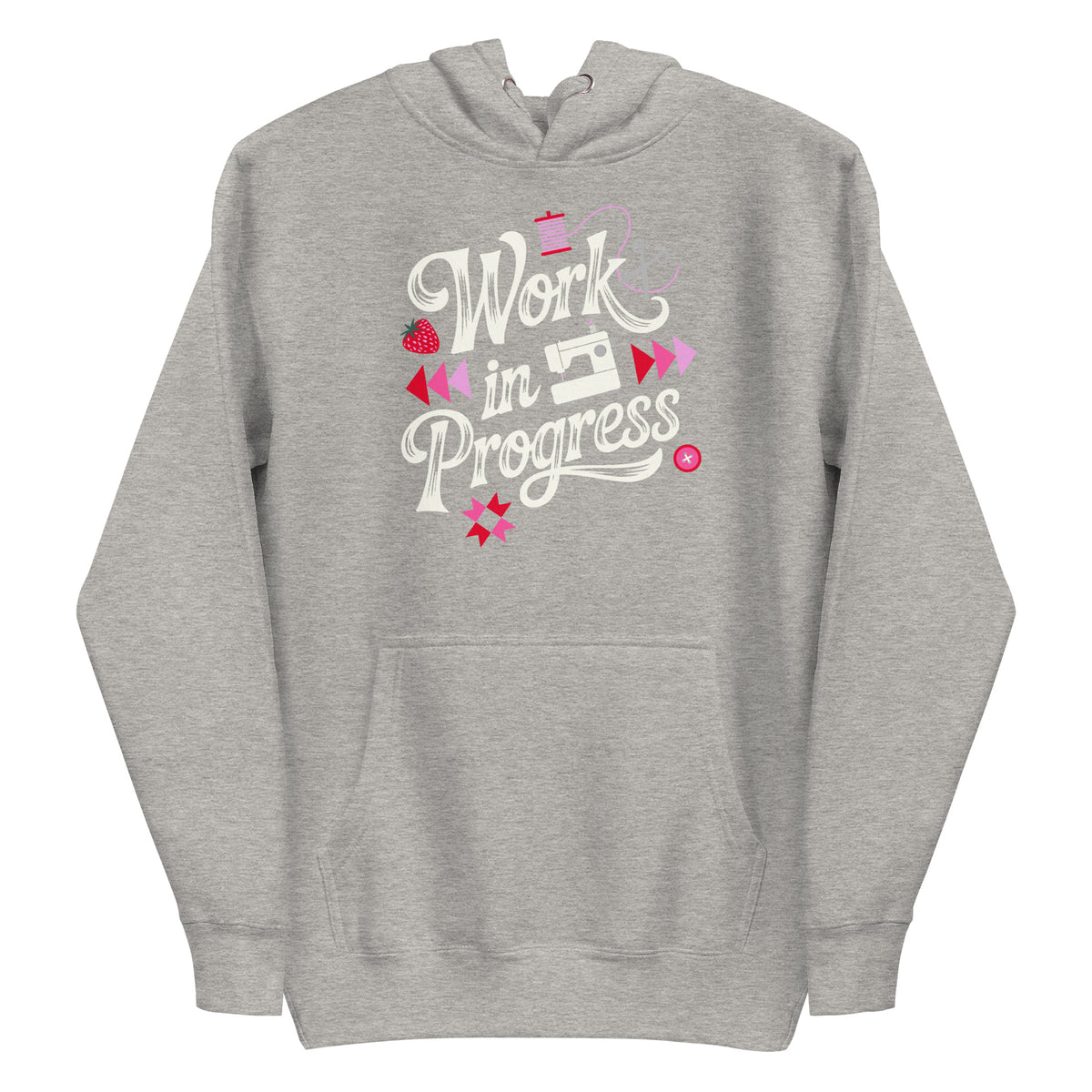 Work in Progress sewing design with flying geese, sewing machine, strawberry and thread spool on a pullover hoodie in athletic grey, front view – Kate Spain design for Pat Sloan