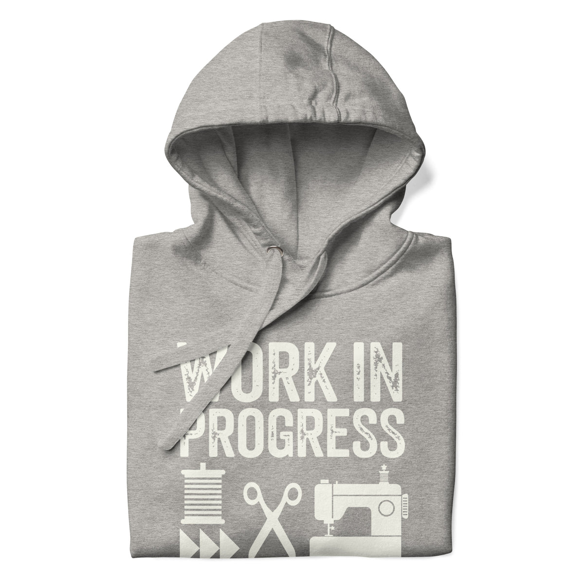 Work in Progress Mod distressed lettering with thread, scissors and sewing machine on a pullover hoodie in athletic grey, folded close-up of the design – Kate Spain design for Pat Sloan