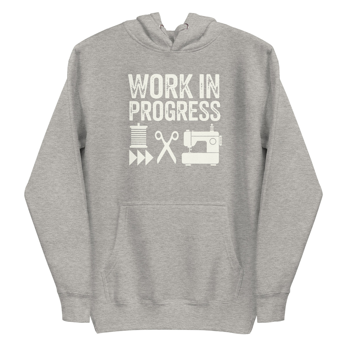 Work in Progress Mod distressed lettering with thread, scissors and sewing machine on a pullover hoodie in athletic grey, front view – Kate Spain design for Pat Sloan