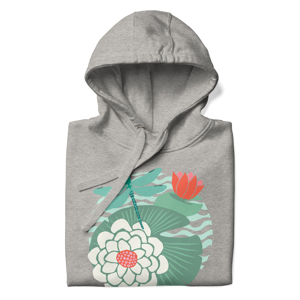 Dragonfly over water lilies and lily pads on a pullover hoodie in athletic grey, folded close-up of the design – Kate Spain design