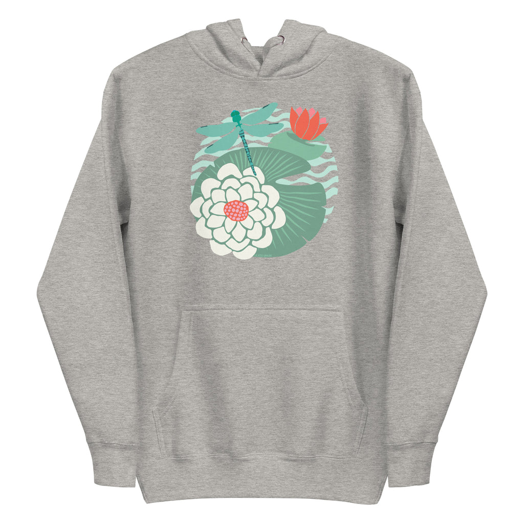 Dragonfly over water lilies and lily pads on a pullover hoodie in athletic grey, front view – Kate Spain design