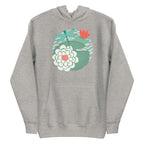 Dragonfly over water lilies and lily pads on a pullover hoodie in athletic grey, front view – Kate Spain design