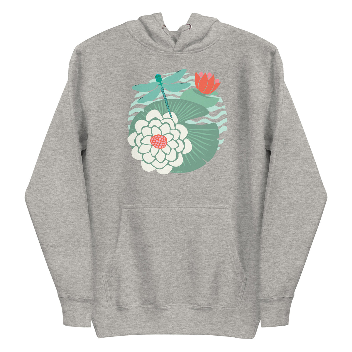 Dragonfly over water lilies and lily pads on a pullover hoodie in athletic grey, front view – Kate Spain design