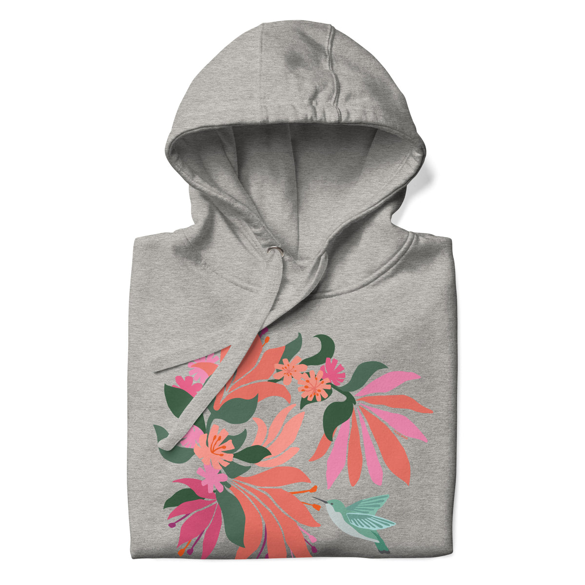 Hummingbird among coral tropical flowers on a pullover hoodie in athletic grey, folded close-up of the design – Kate Spain design
