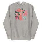 Hummingbird among coral tropical flowers on a pullover hoodie in athletic grey, front view – Kate Spain design