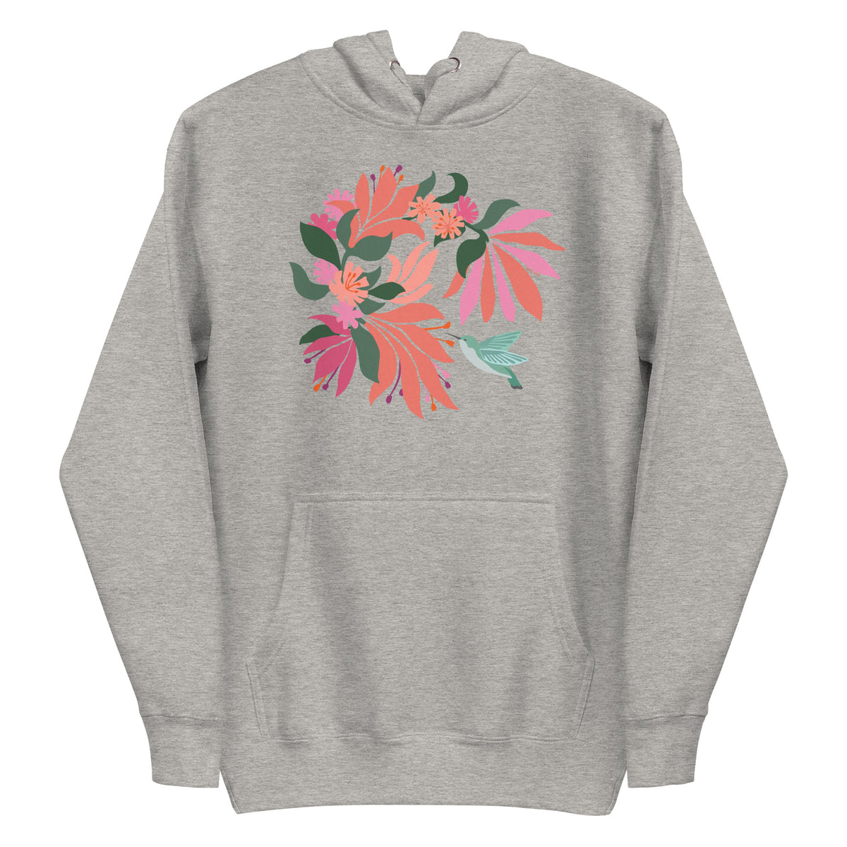 Hummingbird among coral tropical flowers on a pullover hoodie in athletic grey, front view – Kate Spain design