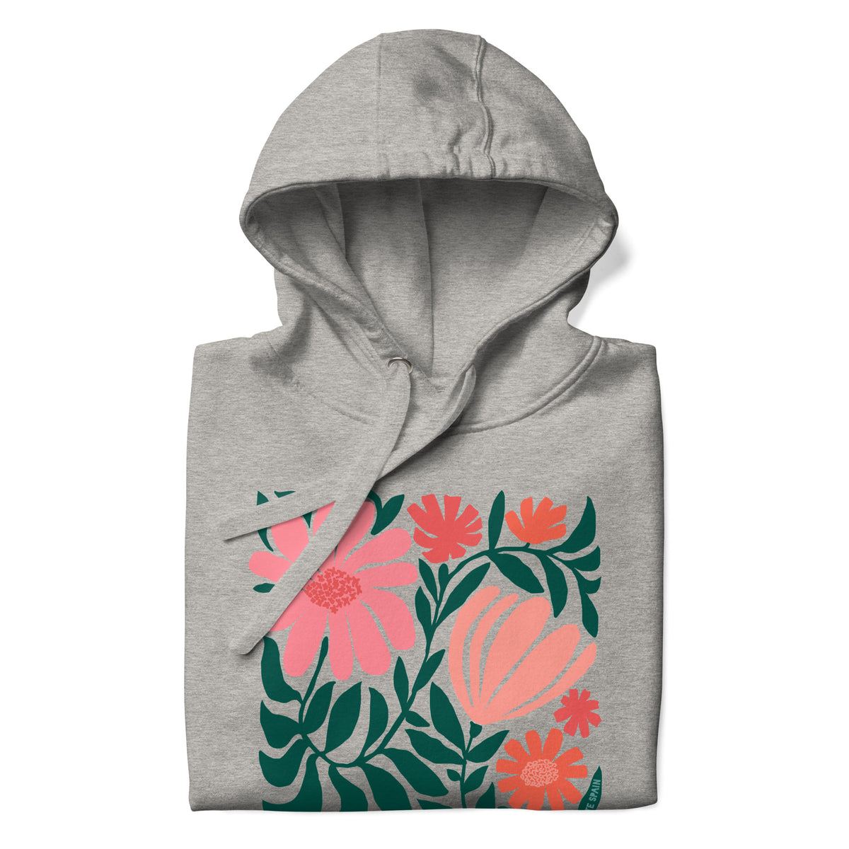 Botanica modern floral design with pink and coral blooms on a pullover hoodie in athletic grey, folded close-up of the design – Kate Spain design