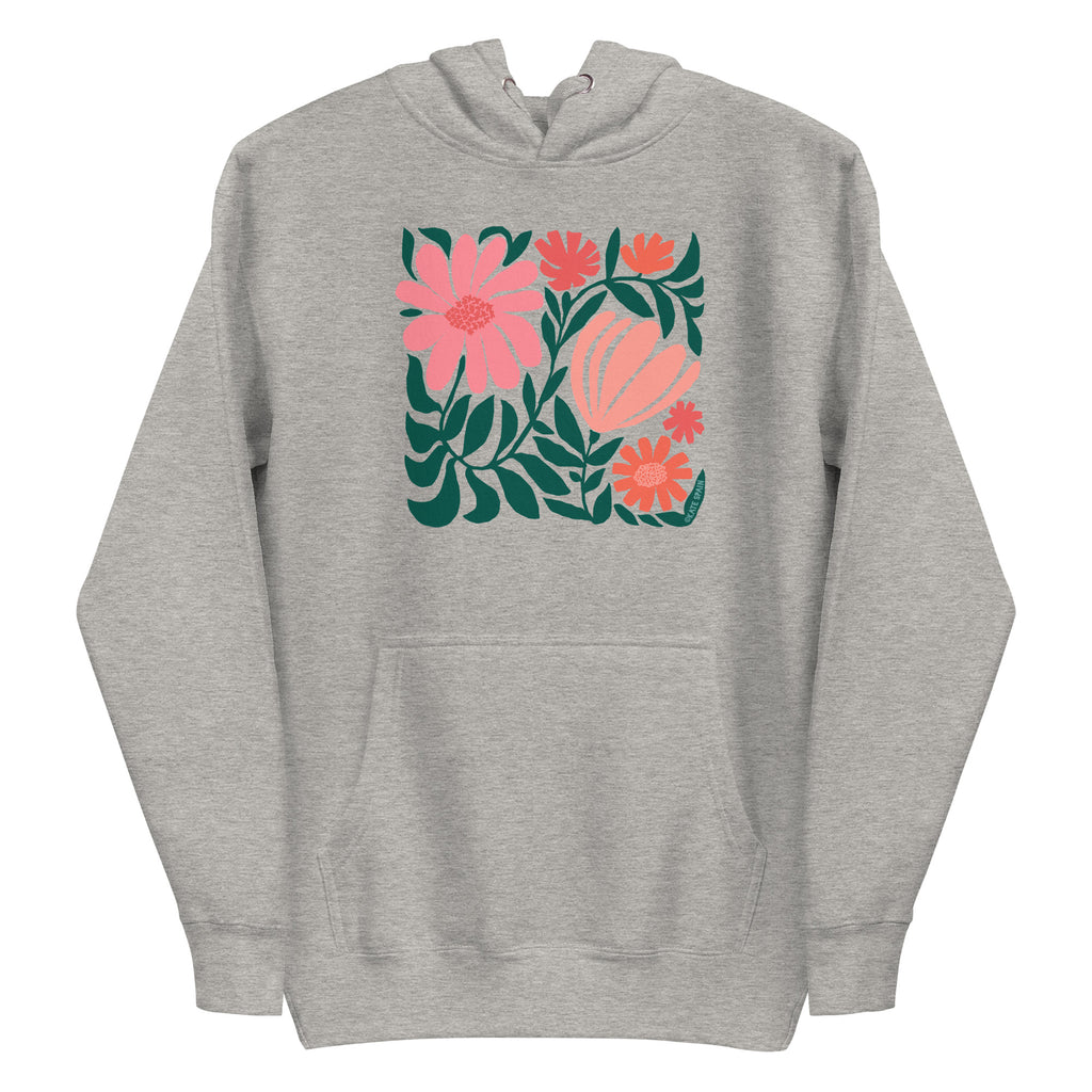 Botanica modern floral design with pink and coral blooms on a pullover hoodie in athletic grey, front view – Kate Spain design