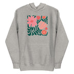 Botanica modern floral design with pink and coral blooms on a pullover hoodie in athletic grey, front view – Kate Spain design