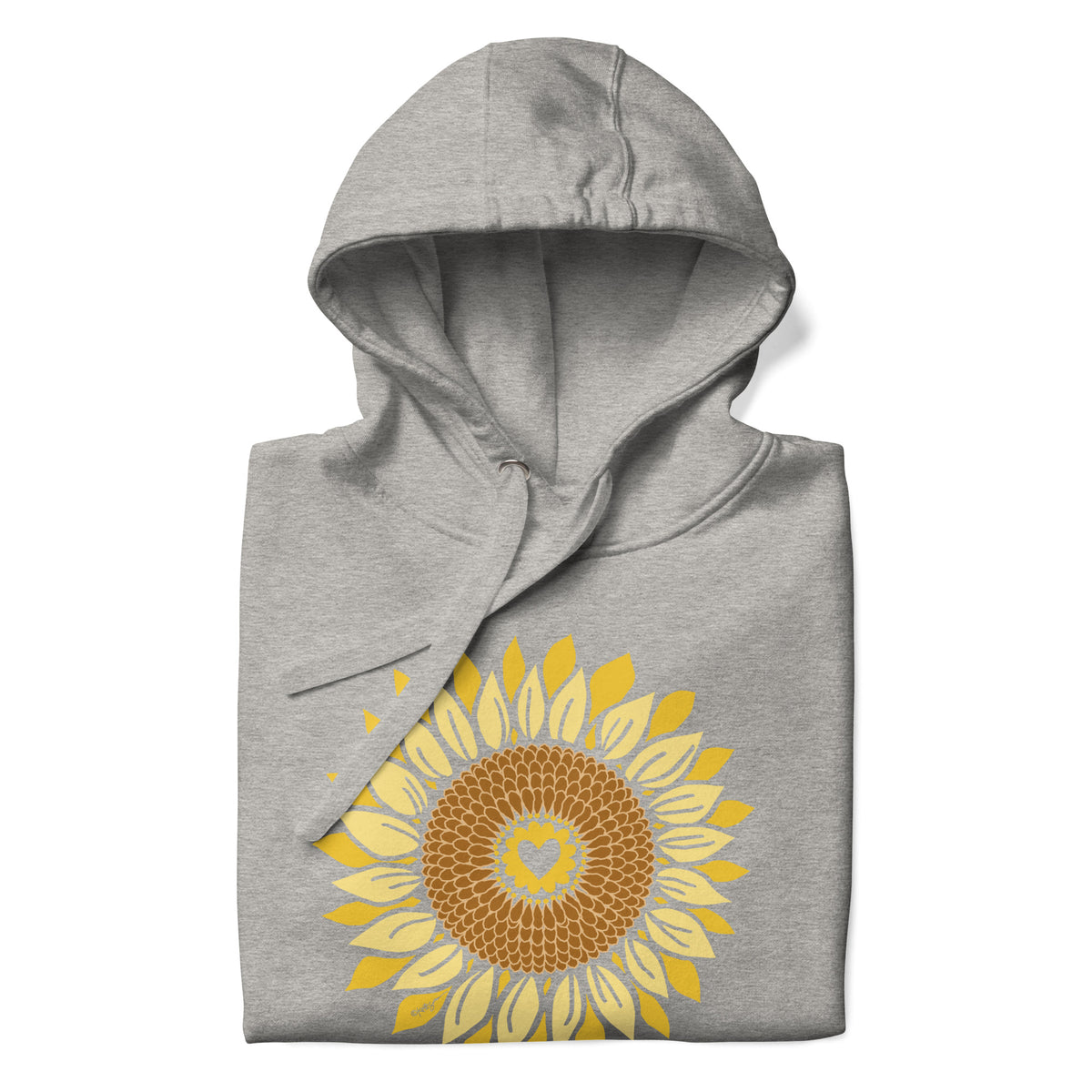 Golden sunflower with a heart center on a pullover hoodie in athletic grey, folded close-up of the design – Sunflowers in My Heart by Kate Spain