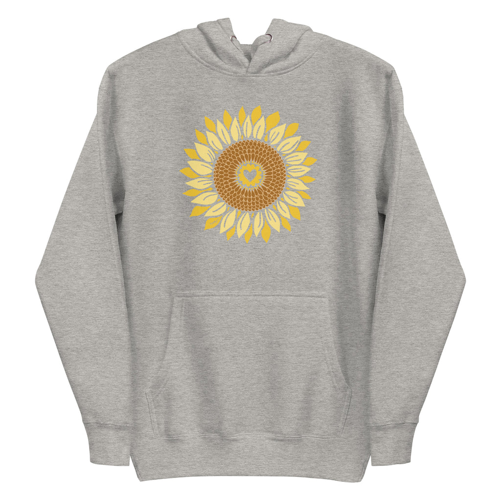 Golden sunflower with a heart center on a pullover hoodie in athletic grey, front view – Sunflowers in My Heart by Kate Spain